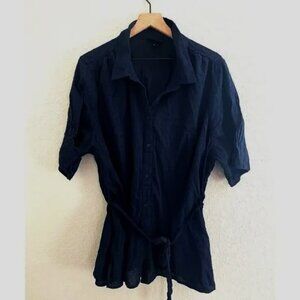 Lane Bryant 100% Cotton Swiss Dot Blouse Size 26 Navy Blue Tie Waist Top